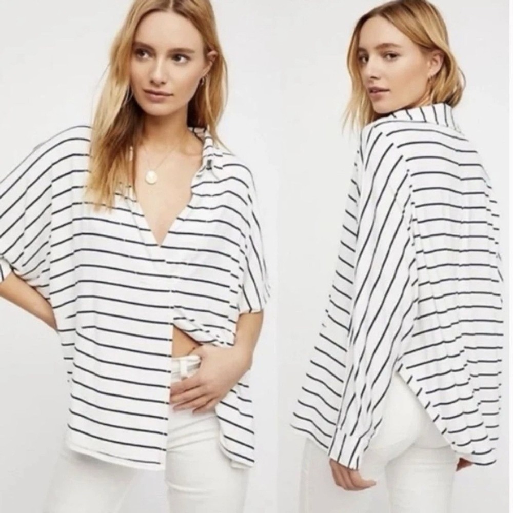 We The Free Can't Fool Me Oversized Top Sz M Ivory Black Striped Dolman Sleeves
